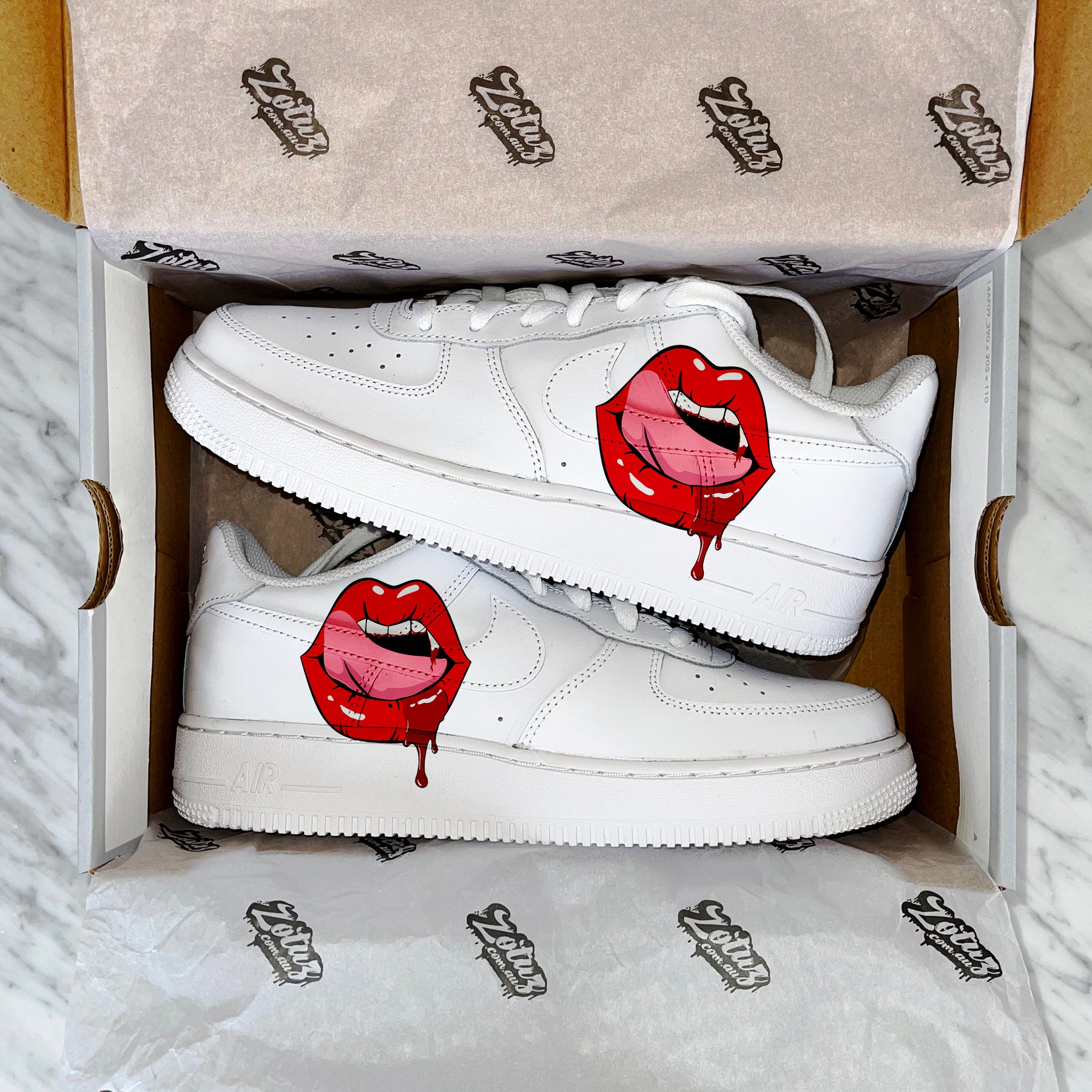 Hand Painted Custom Air Force 1 Low Red Lips Bite AF1 -  UK in